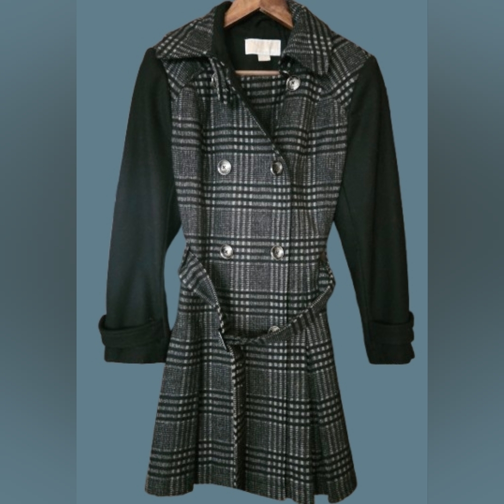 *Michael Kors Wool Blend Black Gray Plaid Belted Trench Coat